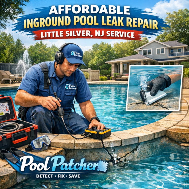 Technician repairing an inground pool leak outdoors in Little Silver, NJ.