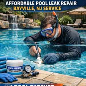 Close-up of hands applying epoxy to repair a pool leak with a professional repair kit in Bayville, NJ.