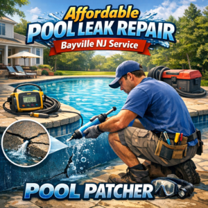 Technician repairing a pool leak with patching materials on a sunny day in Bayville, NJ.