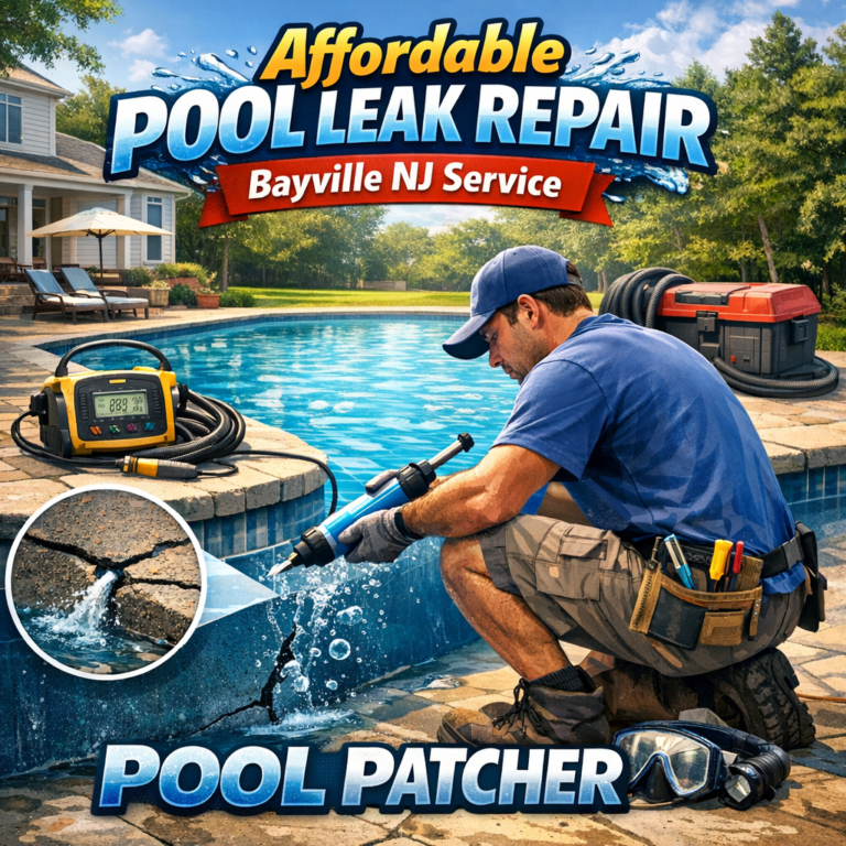 Technician repairing a pool leak with patching materials on a sunny day in Bayville, NJ.