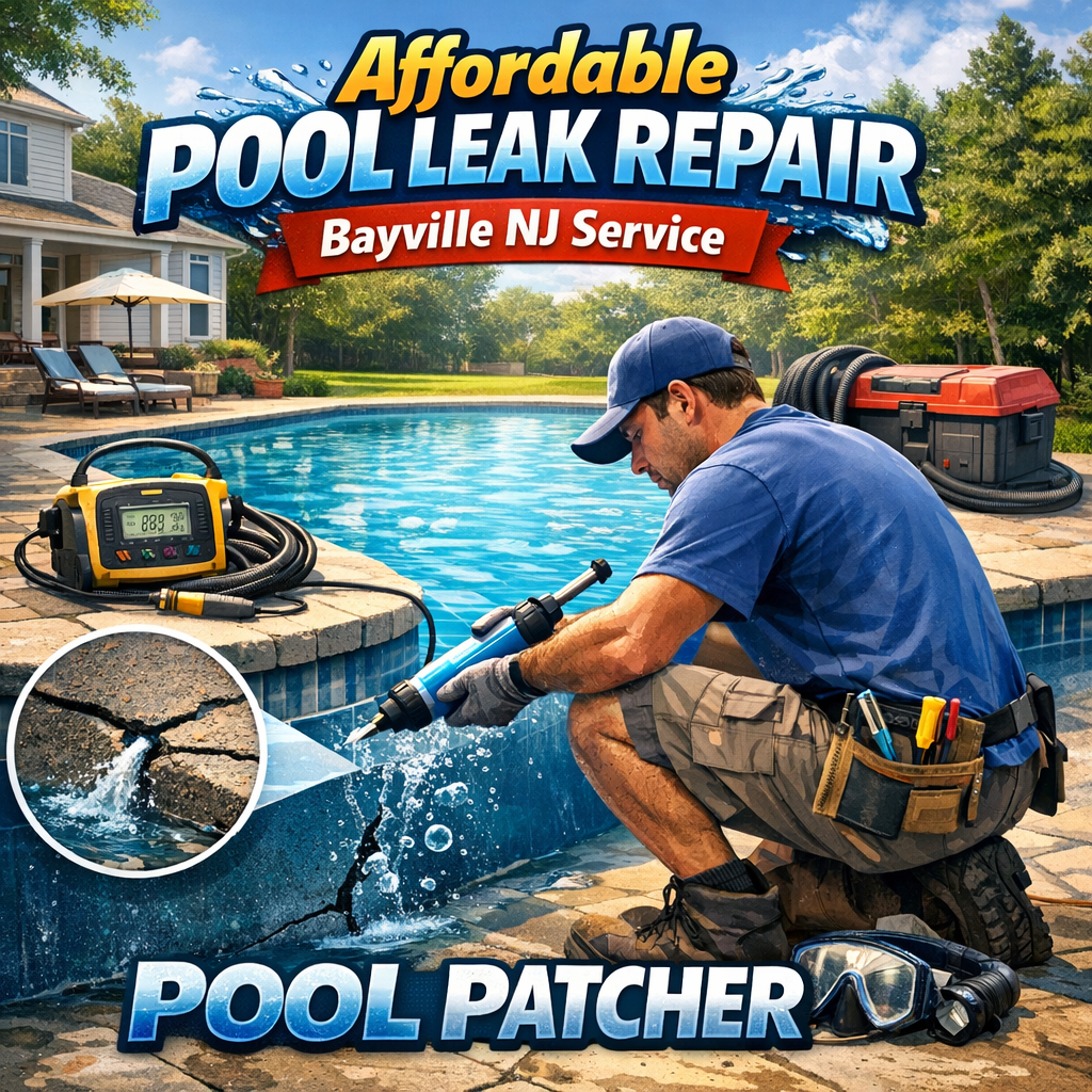 Technician repairing a pool leak with patching materials on a sunny day in Bayville, NJ.