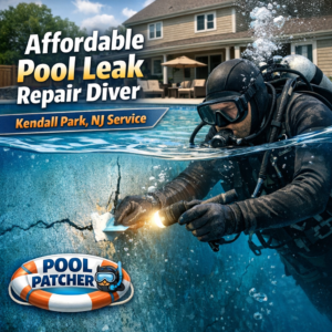 Diver inspecting an inground pool for leaks during affordable pool leak repair service in Kendall Park, NJ.