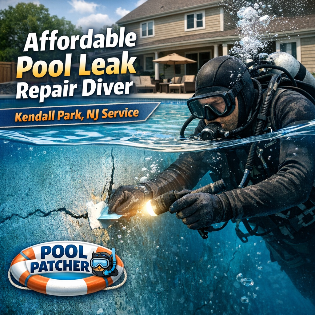 Diver inspecting an inground pool for leaks during affordable pool leak repair service in Kendall Park, NJ.