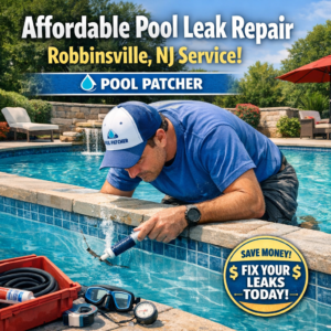 Technician fixing an inground pool leak with repair tools in Robbinsville, NJ.