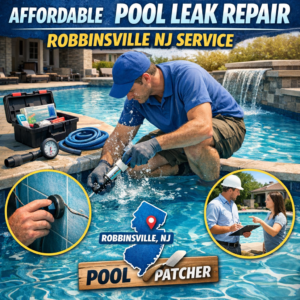 Technician repairing a pool leak with tools, ensuring affordable service in Robbinsville, NJ.