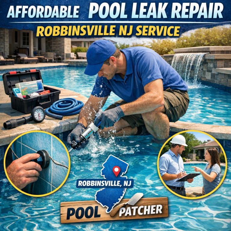 Technician repairing a pool leak with tools, ensuring affordable service in Robbinsville, NJ.