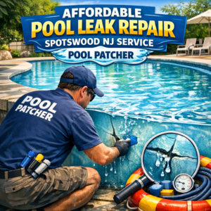 Technician repairing a pool leak with patching tools in a backyard pool in Spotswood, NJ.
