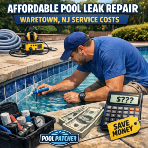 Technician repairing a pool leak with tools, ensuring affordable service in Waretown, NJ.