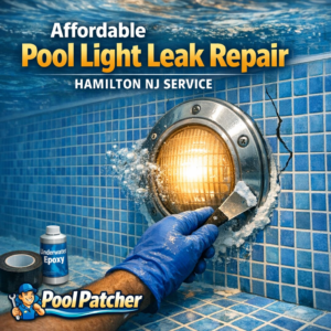 Close-up of a pool light being professionally sealed to repair a leak in a swimming pool.