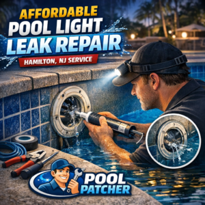 Technician repairing a pool light leak with tools and a flashlight in an outdoor pool at dusk.