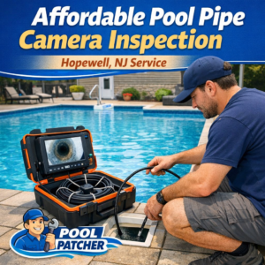 A technician uses a camera to inspect pool pipes during an affordable service in Hopewell, NJ.