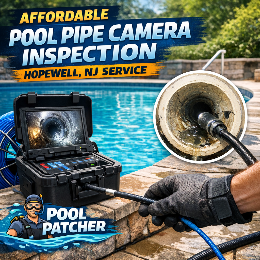 Technician performing a pool pipe camera inspection using specialized equipment in Hopewell, NJ.