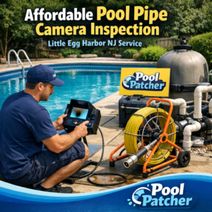Technician performing affordable pool pipe camera inspection in Little Egg Harbor, NJ with specialized equipment.