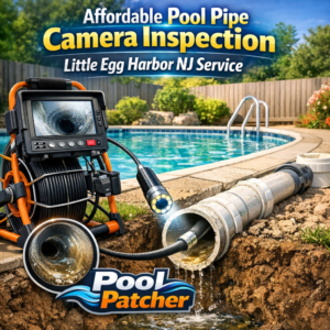 Technician using a camera to inspect pool pipes in Little Egg Harbor, NJ for affordable pool maintenance.