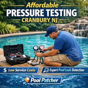 Technician performing affordable pressure testing on a pool pipe in Cranbury, NJ for leak detection.