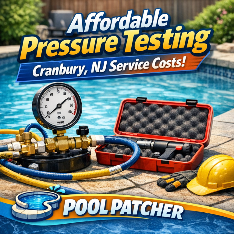 Technician performing affordable pool pressure testing in Cranbury, NJ with specialized equipment and gauges.