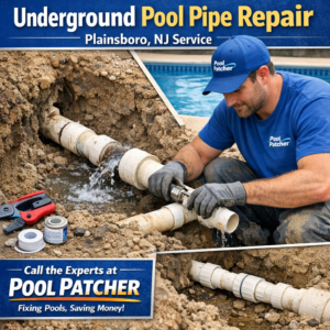 Technician repairing an underground pool pipe with tools in a grassy area in Plainsboro, NJ.
