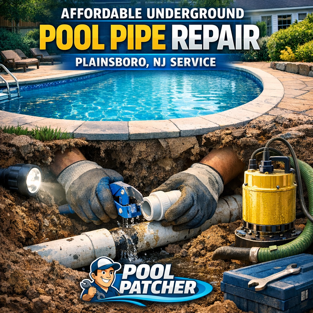 Technician repairing underground pool pipes with specialized equipment in a residential backyard in Plainsboro, NJ.
