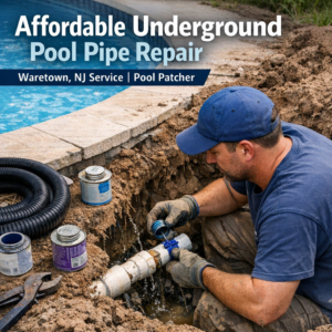 Professional technician repairing an underground pool pipe in Waretown, NJ with specialized tools.