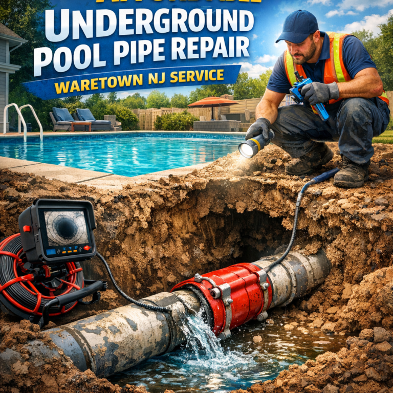 Technician repairing underground pool pipes with specialized equipment in Waretown, NJ.