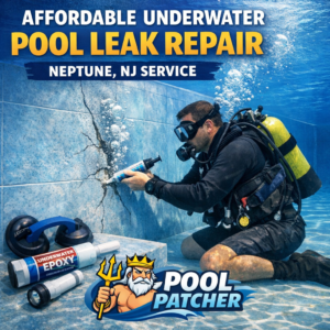 Technician performing underwater pool leak repair in Neptune, NJ with specialized equipment.