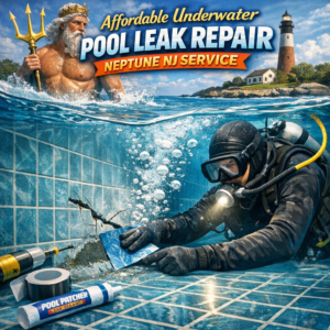 Technician performing underwater pool leak repair in Neptune, NJ, ensuring affordable and efficient service.