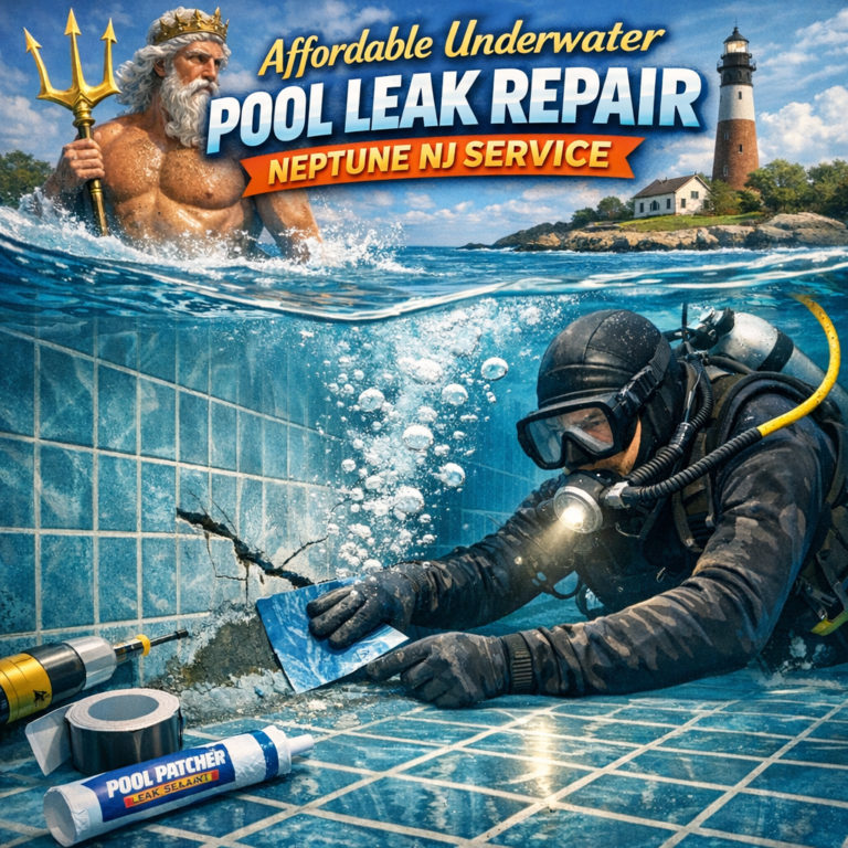 Technician performing underwater pool leak repair in Neptune, NJ, ensuring affordable and efficient service.
