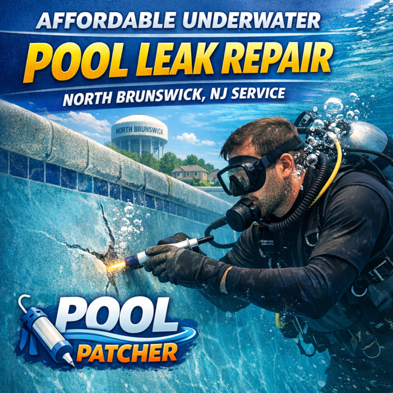 Technician performing underwater pool leak repair in North Brunswick, NJ using specialized tools.