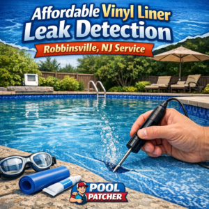 Technician uses equipment to detect leaks in a vinyl liner pool in Robbinsville, NJ.