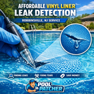 Technician performing vinyl liner pool leak detection in a backyard pool in Robbinsville, NJ.