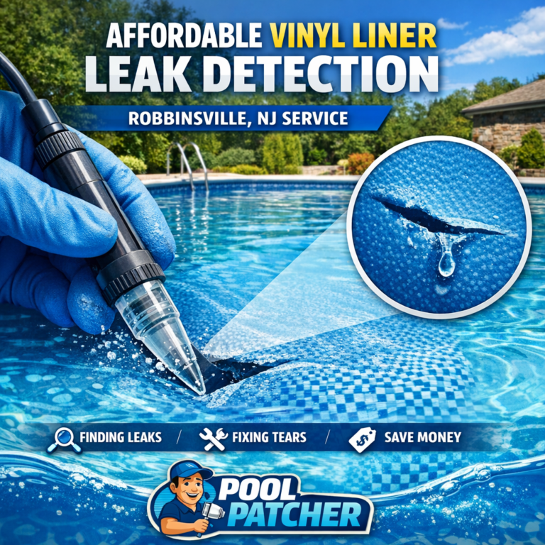 Technician performing vinyl liner pool leak detection in a backyard pool in Robbinsville, NJ.