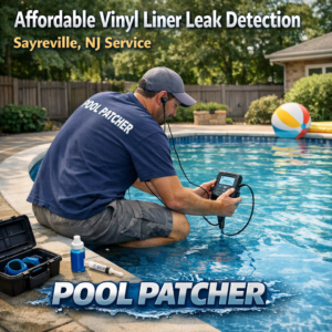 Technician inspecting a vinyl pool liner for leaks at a residential pool in Sayreville, NJ.