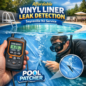 Technician inspecting a vinyl pool liner leak with specialized equipment in Sayreville, NJ.