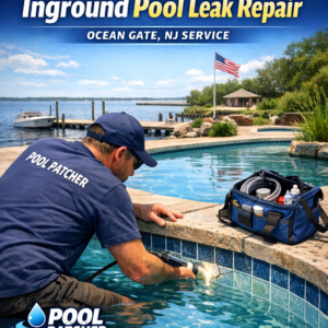 Technician inspecting an inground pool for leaks in a sunny backyard in Ocean Gate, NJ.