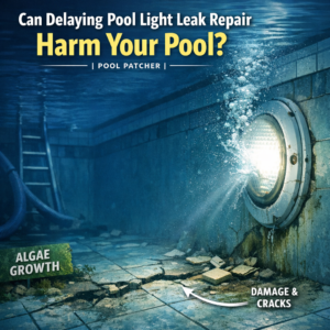 Underwater pool light leak causing algae growth, cracks, and structural damage in a swimming pool.