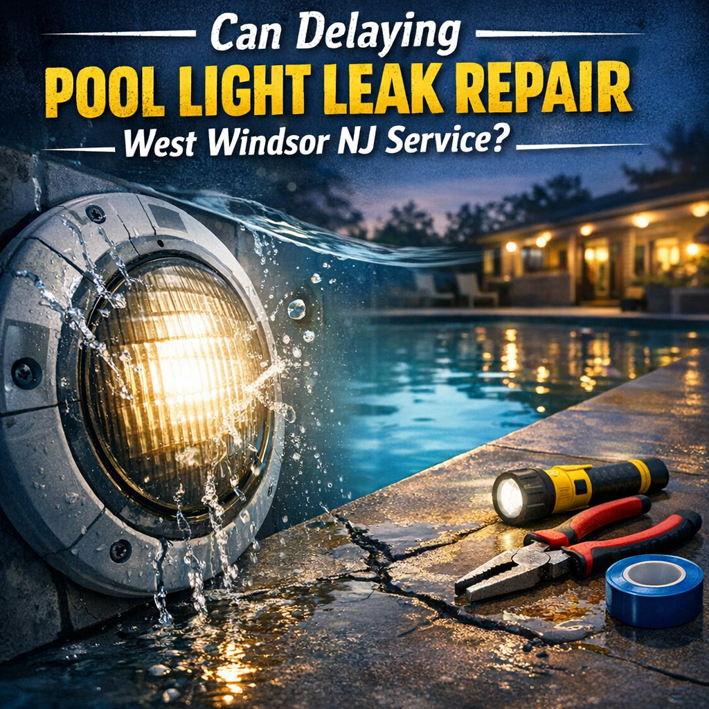 Technician repairing a pool light leak in West Windsor, NJ, using professional tools beside a swimming pool.