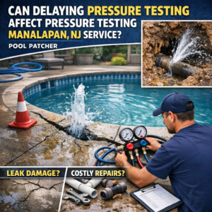 Technician performing pressure testing on pool plumbing to detect leaks and ensure safety in Manalapan, NJ.