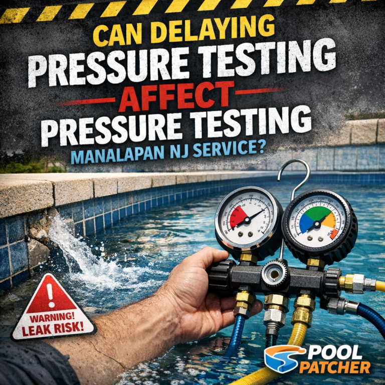 Technician performing pressure testing on pool plumbing to detect leaks in Manalapan, NJ.