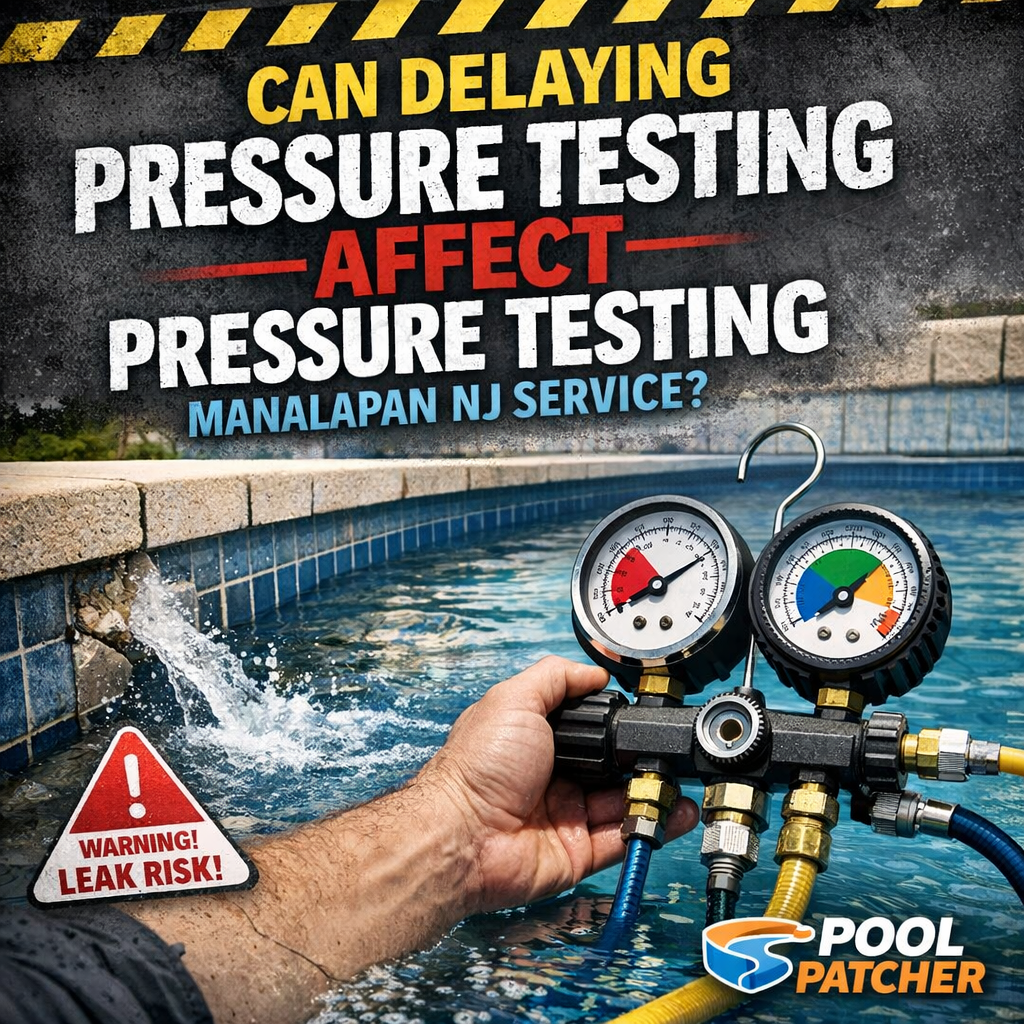 Technician performing pressure testing on pool plumbing to detect leaks in Manalapan, NJ.