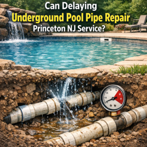 Pressure gauge measuring leaking underground pool pipe during repair service in Princeton, NJ.