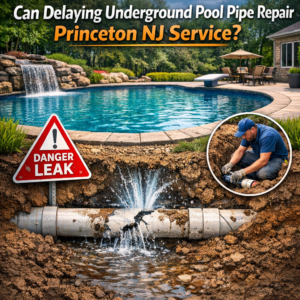 Technician repairing underground pool pipe leak in Princeton, NJ with tools and safety equipment.