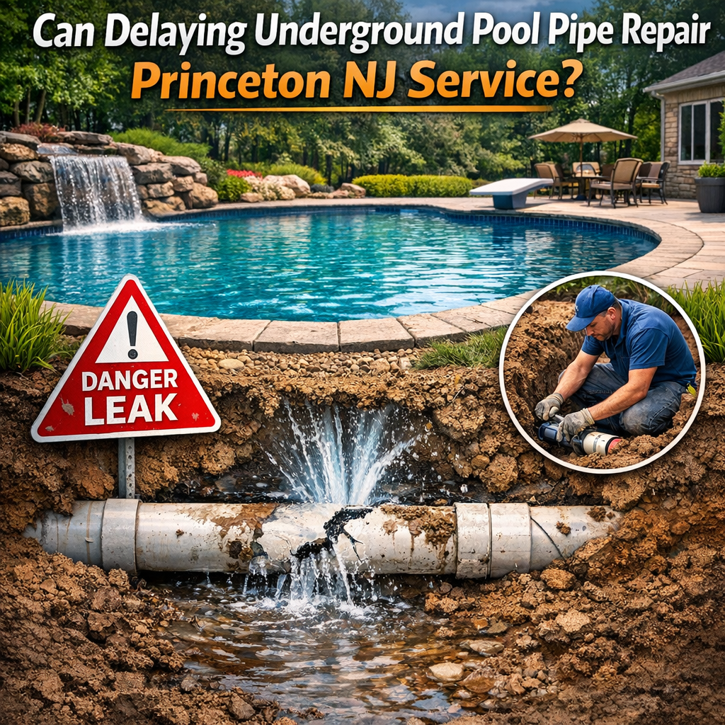 Technician repairing underground pool pipe leak in Princeton, NJ with tools and safety equipment.