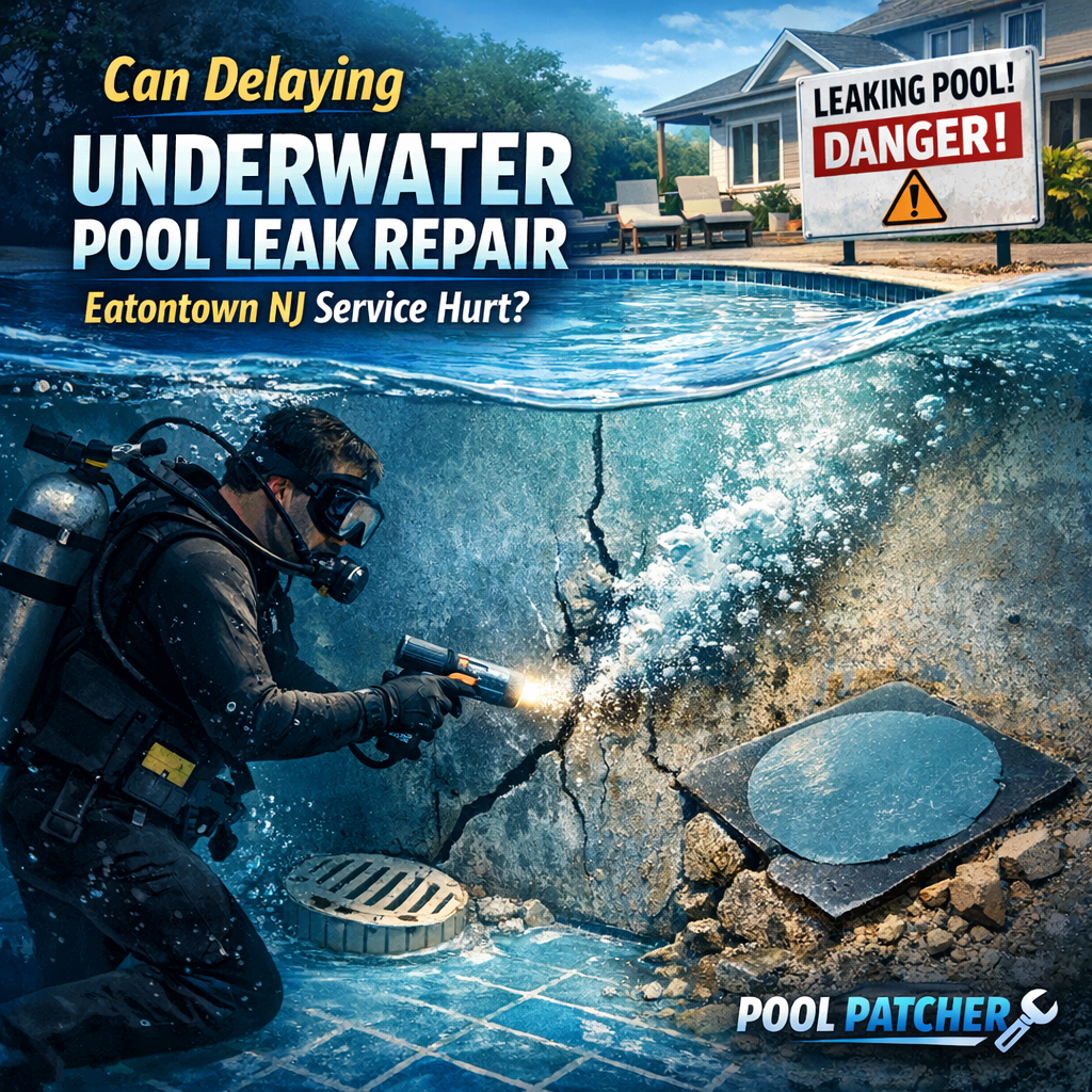 Technician repairing underwater pool leak in Eatontown, NJ to prevent further damage.