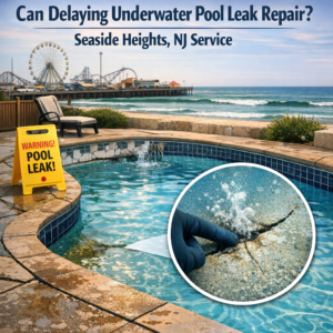 Diver repairing an underwater pool leak near a warning sign in Seaside Heights, NJ.