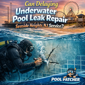 Professional diver inspects underwater pool leak in Seaside Heights, NJ during repair service.