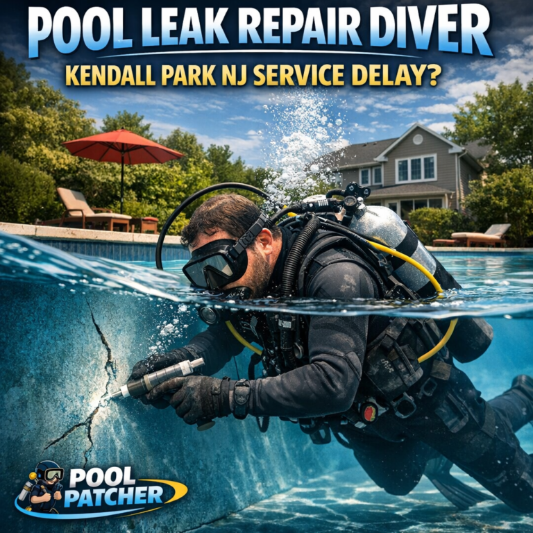 Professional diver repairing a residential pool leak in Kendall Park, NJ, with underwater equipment.