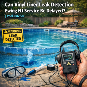 Technician uses specialized equipment to detect vinyl liner pool leak in Ewing, NJ backyard.