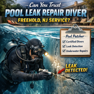 Pool leak repair diver in full gear underwater inspecting a pool, professional service in Freehold, NJ.