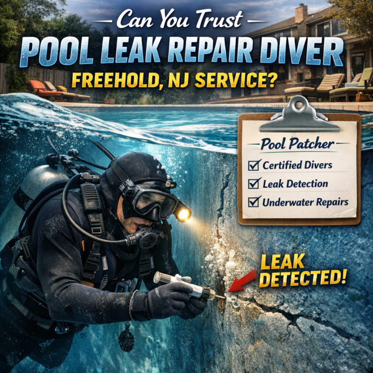 Pool leak repair diver in full gear underwater inspecting a pool, professional service in Freehold, NJ.