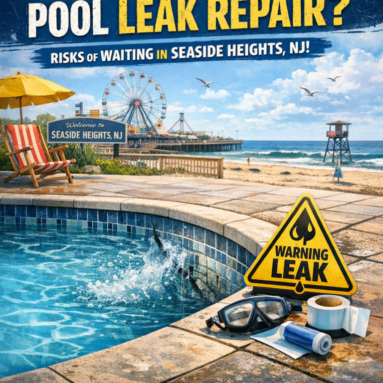 Warning sign about delaying inground pool leak repair with seaside beach and ocean in Seaside Heights, NJ.